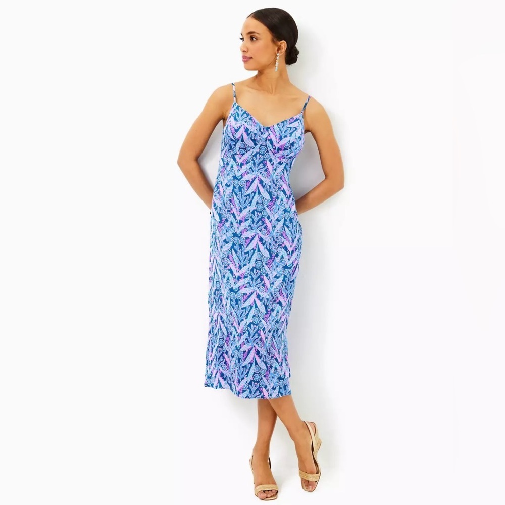 Lilly Pulitzer Keana Satin Midi Slip Dress Blue and Pink Print Women’s Size 8